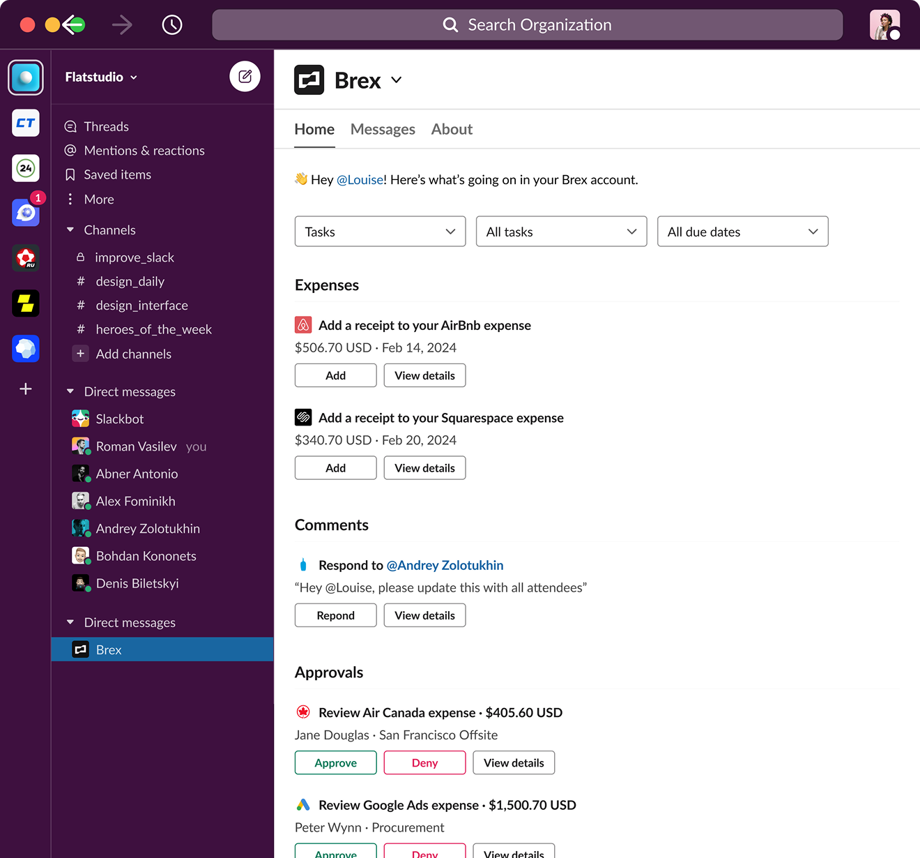 Slack app home tab showing task dashboard